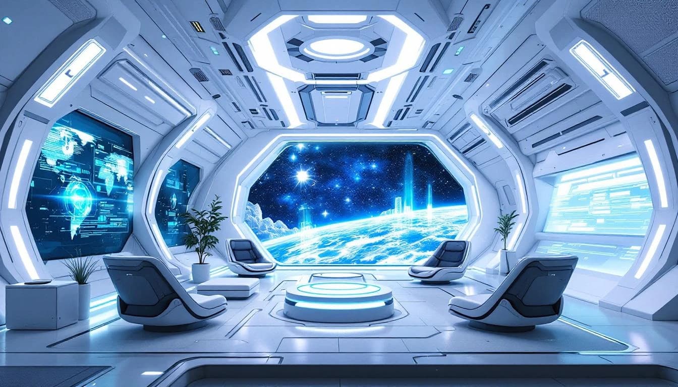 A futuristic space station interior featuring a sleek white design, illuminated by soft ambient lighting, with holograph