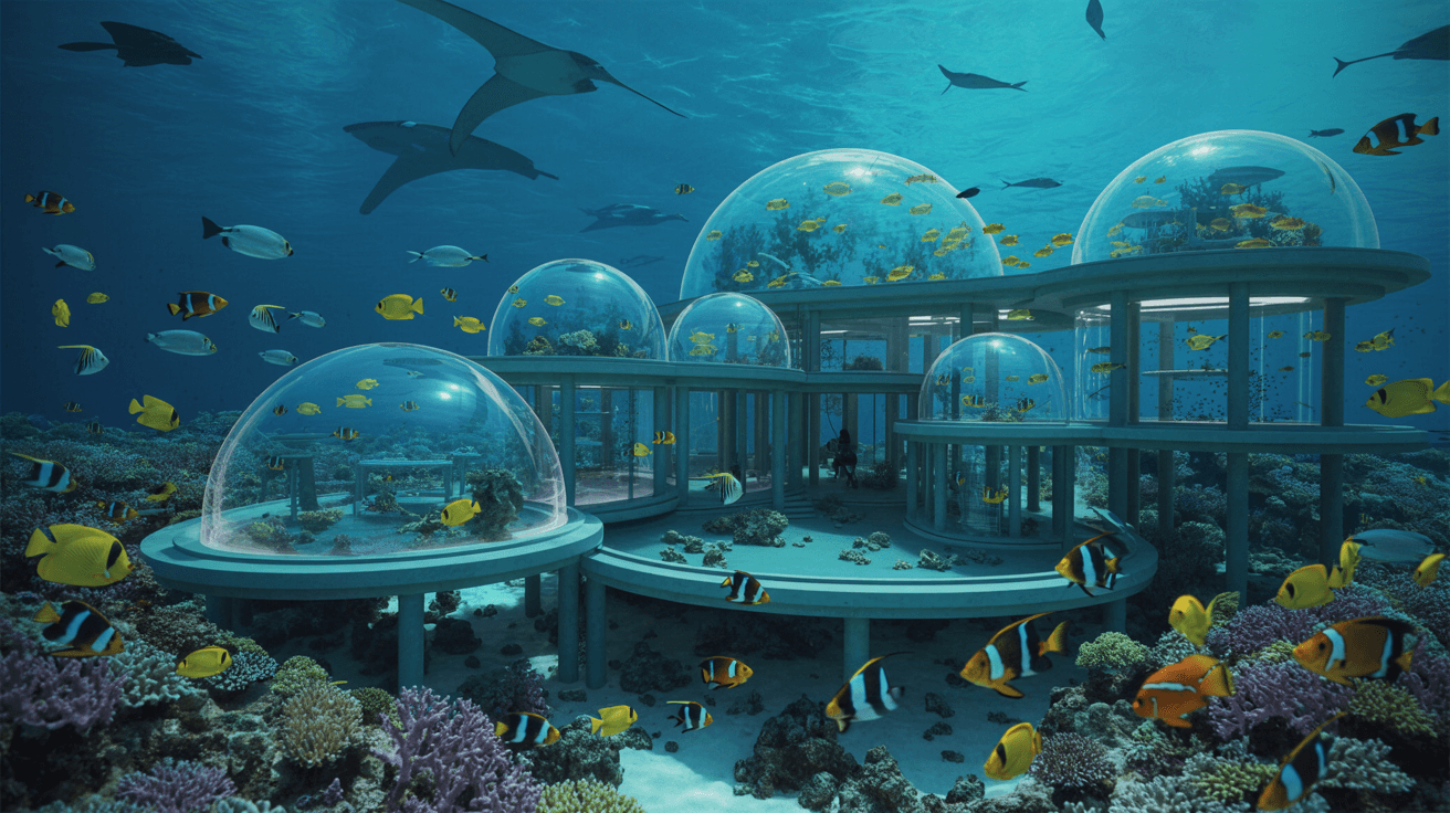 Underwater research facility, glass domes, bioluminescent lighting, ocean life visible, sci-fi architecture