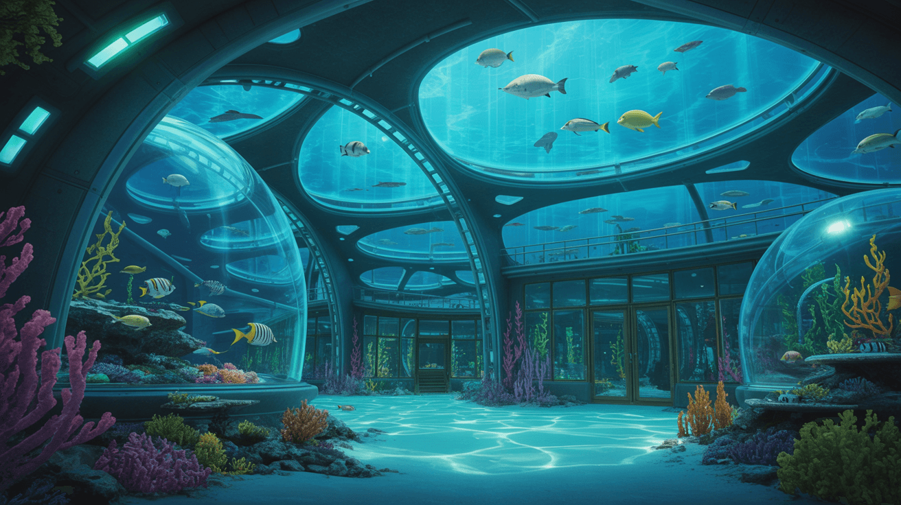 An underwater research facility featuring futuristic glass domes, illuminated by bioluminescent lighting that casts a so