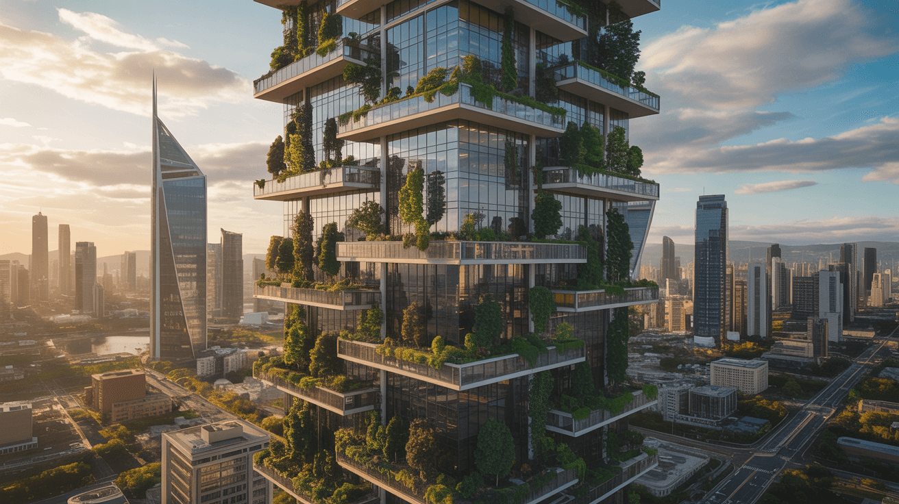 A futuristic skyscraper adorned with lush vertical gardens, showcasing innovative sustainable architecture, bathed in th