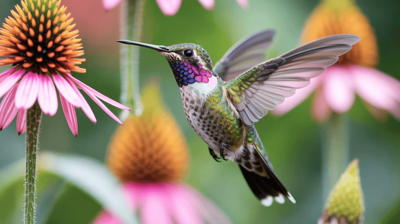 A hummingbird frozen in flight, showcasing its iridescent feathers, surrounded by a vibrant flower garden, with a blurre