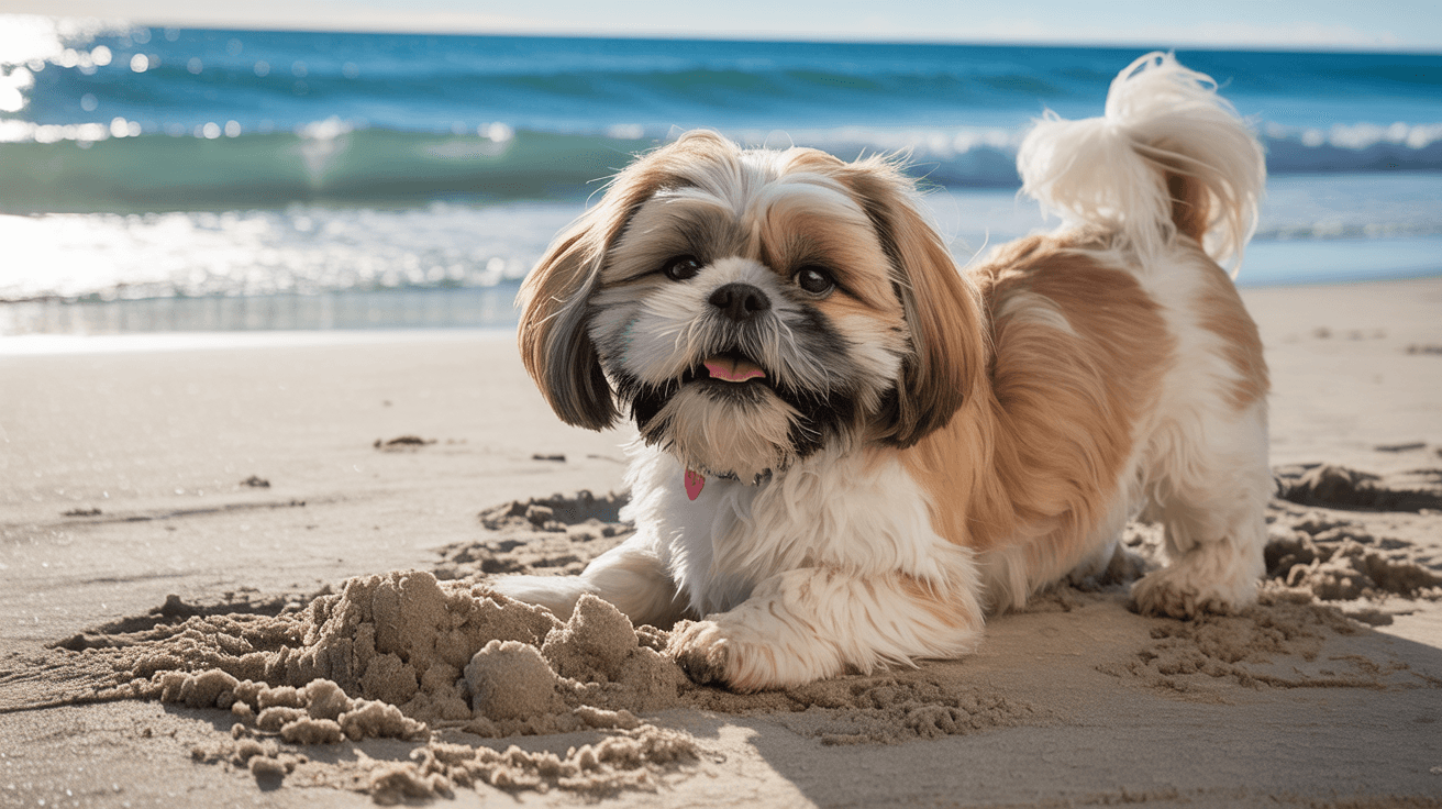 A Shih Tzu on a sandy beach, playfully digging in the sand with waves gently crashing in the background, bright sunlight