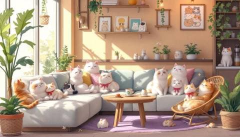 A kawaii cat cafe scene filled with multiple cute cats lounging around, vibrant pastel colors, a cozy and inviting inter