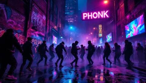 A vibrant phonk music scene in a bustling urban setting at night, neon lights illuminating the streets, people dancing e