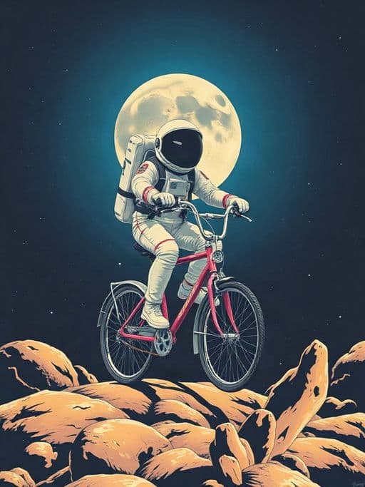 astronaut riding a bicycle on the moon, retro 1960s poster style, bold colors