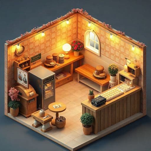 isometric cutaway of a tiny cozy bakery, warm lights, detailed 3d render