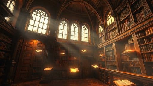 ancient library with floating glowing books, epic fantasy art, volumetric light