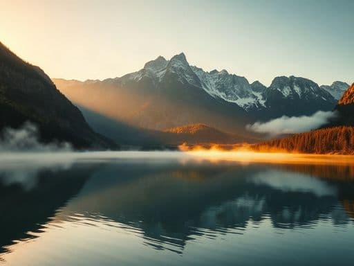 dramatic mountain lake at sunrise, low mist over water, photorealistic, golden light