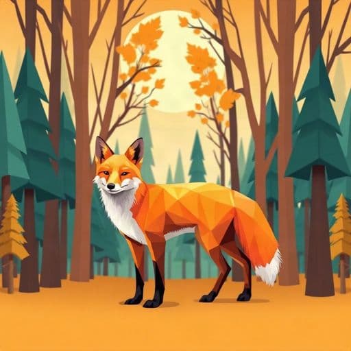 low-poly fox standing in a geometric forest, orange and teal palette, stylized 3d