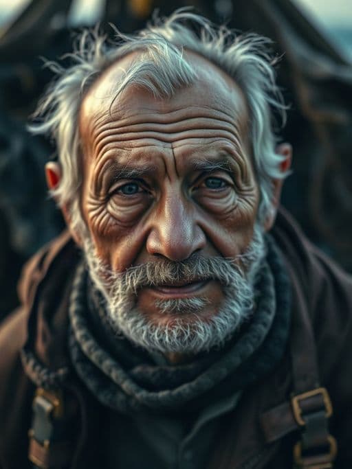 portrait of a fictional elderly fisherman with weathered face and kind eyes, cinematic lighting, imaginary person