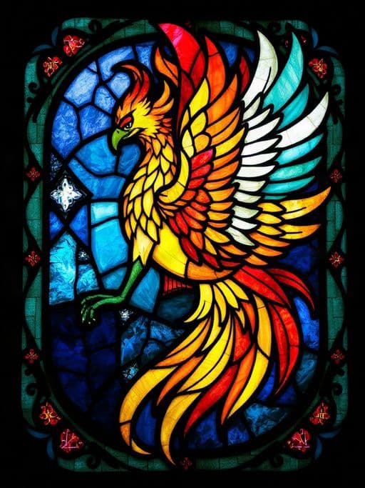 stained glass window of a phoenix rising, vibrant jewel tones, intricate leading