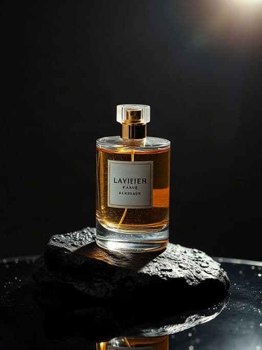 luxury perfume bottle on wet black stone, studio product photography, dramatic rim light