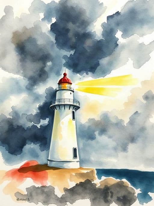 watercolor painting of a lighthouse in a storm, loose brushstrokes, dramatic sky