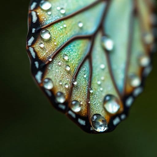 macro photograph of a dew-covered butterfly wing, iridescent scales, shallow depth of field