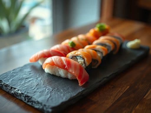 fresh sushi platter on slate, editorial food photography, soft window light