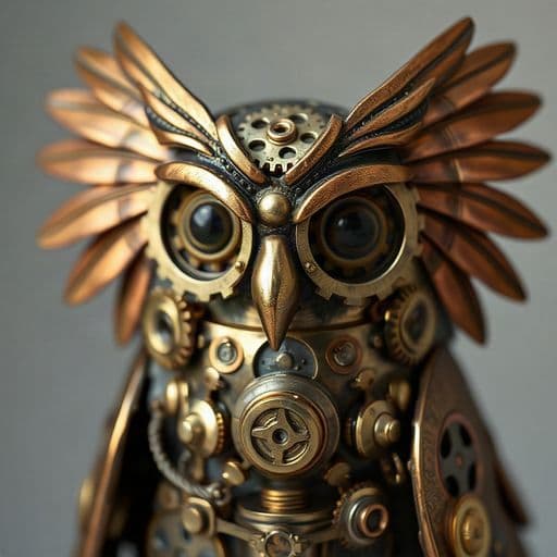 steampunk owl made of polished brass gears and copper feathers, intricate macro detail