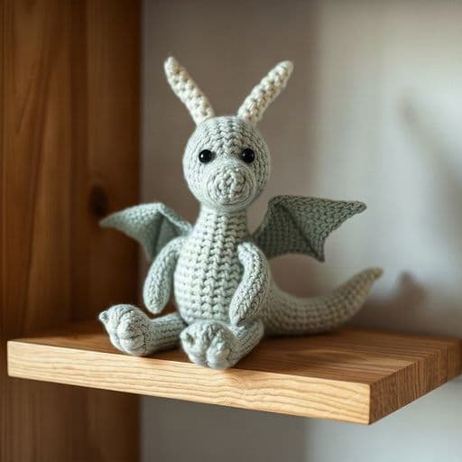 knitted wool dragon toy on a wooden shelf, soft nursery light, adorable