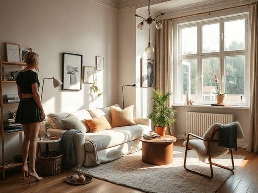 cozy scandinavian living room interior, soft morning daylight, editorial photography
