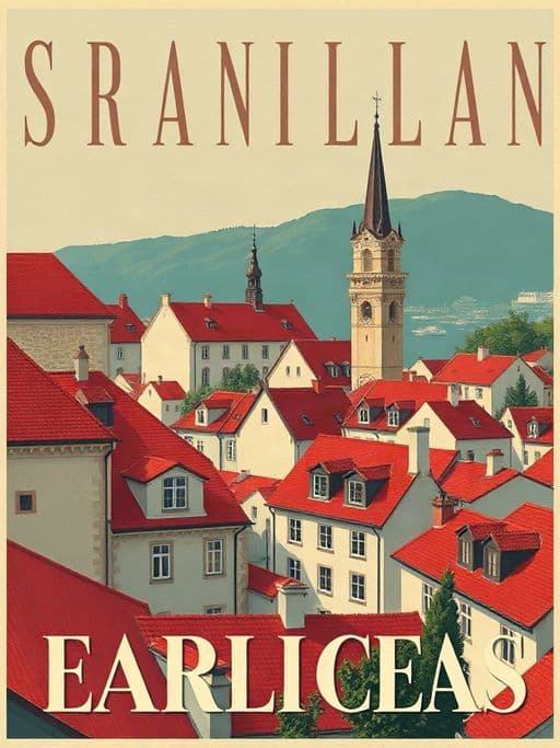 art deco travel poster of a european old town with red roofs, elegant typography-free