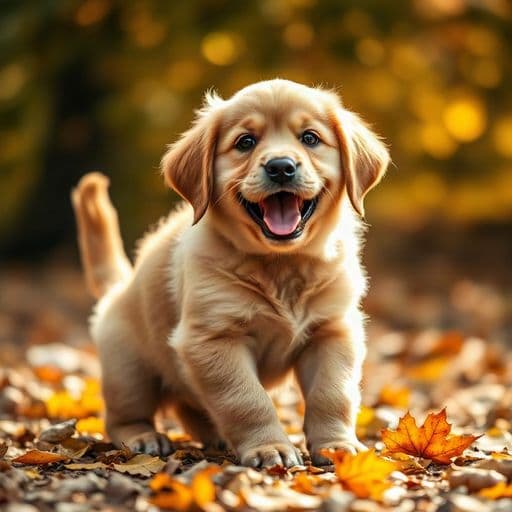 golden retriever puppy playing in autumn leaves, warm bokeh, joyful