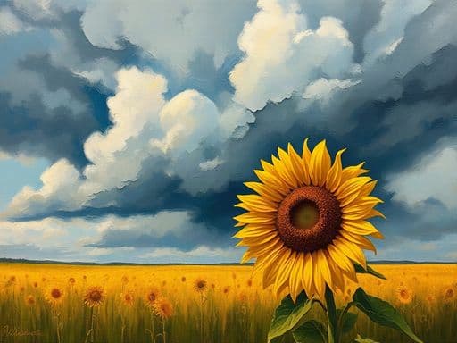 oil painting of a sunflower field under dramatic storm clouds, impasto texture