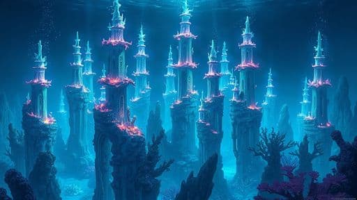 underwater coral reef city, bioluminescent towers, concept art, deep blues and pinks