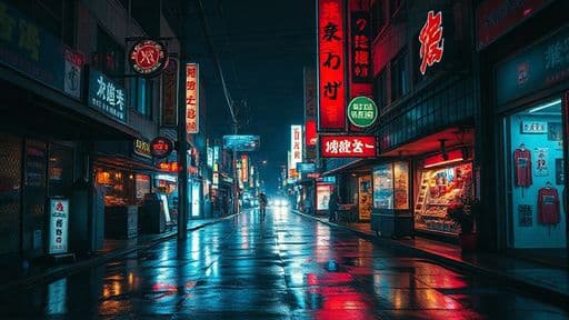 cyberpunk street market at night, neon signs reflecting in rain puddles, cinematic