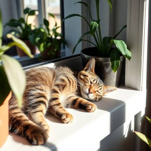 Tabby cat asleep on a sunlit windowsill, dust in the light, houseplants around, cozy lifestyle photography