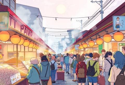 Anime style morning market with steam from food stalls, crowd of shoppers, vivid colors, detailed line work