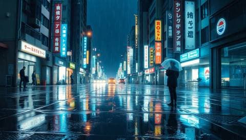 Anime style rainy Tokyo street at night, neon reflections in puddles, a lone figure with a transparent umbrella, cinemat