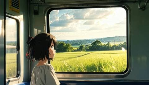 Anime style girl watching the countryside from a train window, warm afternoon light, nostalgic mood, detailed background