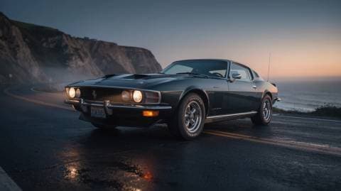 Classic 1970s sports car parked on a coastal road at dusk, headlights on, wet asphalt, cinematic automotive photography
