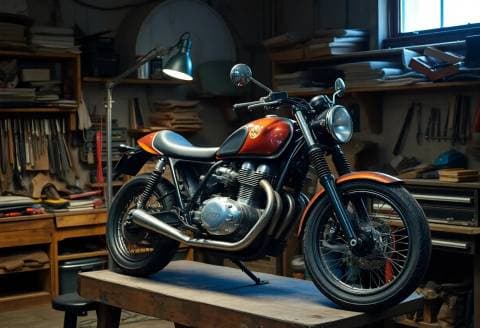 Motorcycle being rebuilt in a cluttered workshop, tools on the bench, single work lamp, warm industrial mood