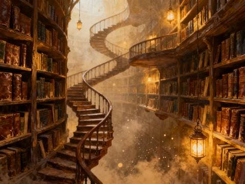 Endless library with floating staircases and hanging lanterns, dust in the air, painterly fantasy concept art