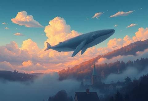 Giant whale swimming through clouds above a quiet village, dreamlike scale, soft evening palette, illustration