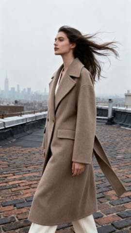 Editorial fashion shot of a long camel coat on a windy rooftop, overcast light, muted palette, full body, magazine styli
