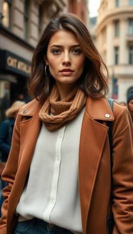 Street style photograph of layered autumn outfit, blurred city crowd behind, natural light, candid framing