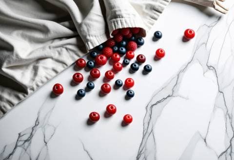 Fresh berries spilling from a linen cloth onto a marble slab, bright daylight, high-key food photography