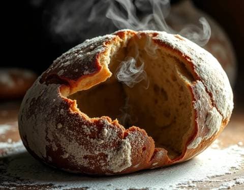 Rustic sourdough loaf torn open, steam escaping, flour dust in the light beam, dark bakery background