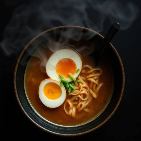 Steaming bowl of ramen shot from above, soft egg, scallions, dark wooden table, moody food photography