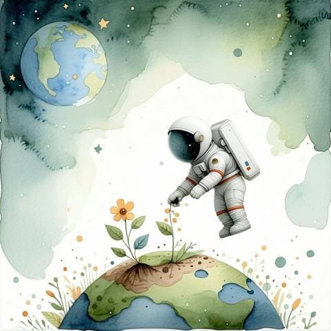 Children book illustration of an astronaut planting a flower on a tiny planet, soft gouache texture, gentle pastel palet