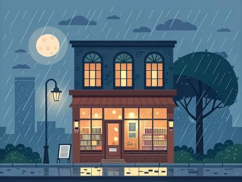 Flat vector illustration of a cozy bookshop at night, warm windows, rain on the street, limited palette of five colors