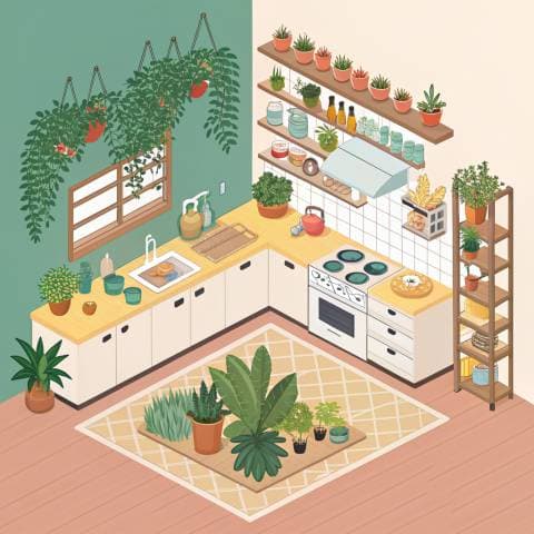 Isometric vector illustration of a busy kitchen with plants and open shelves, clean lines, warm palette