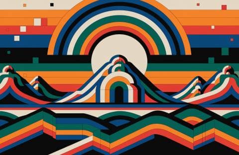 Minimal geometric poster illustration of layered mountains at sunset, flat shapes, muted retro palette, screen-print tex