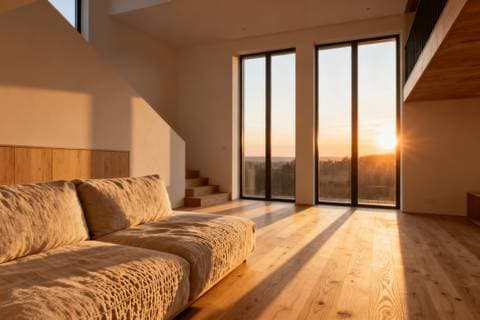 Scandinavian loft interior at golden hour, linen sofa, oak floor, tall windows, long soft shadows, architectural photogr