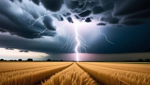 Thunderstorm rolling over a wheat field at dusk, lightning on the horizon, dramatic sky, landscape photography