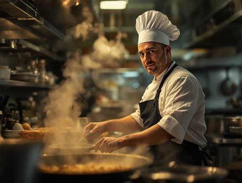Portrait of a chef in a busy kitchen, steam rising from a pan, warm tungsten light, shallow depth of field, 85mm, photor
