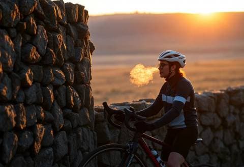 Cyclist resting against a stone wall at sunrise, breath visible in cold air, golden rim light, documentary photography