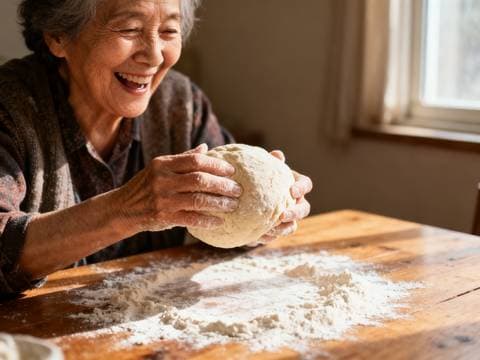 Grandmother laughing while kneading dough on a floured wooden table, soft window light, warm film tones, photorealistic