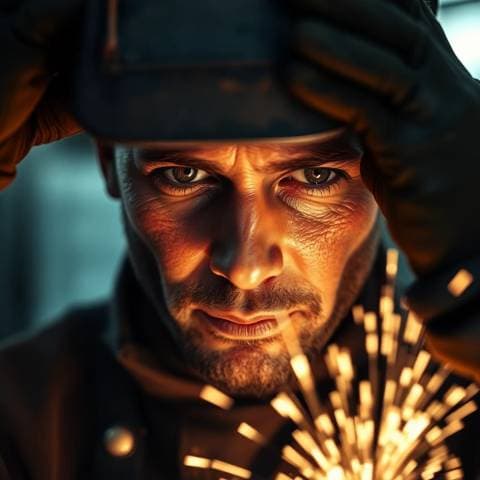Close portrait of a welder lifting their visor, sparks fading behind, dramatic side light, gritty realism
